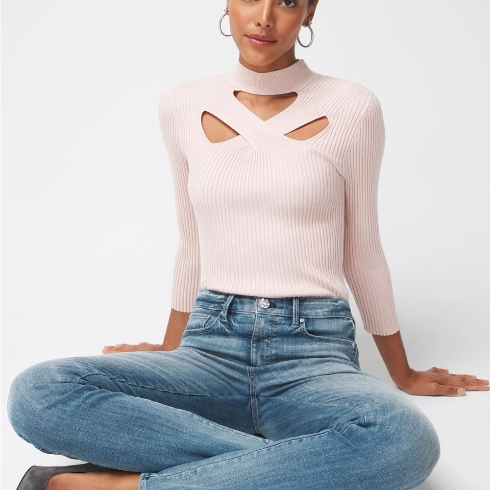 NEW White House Black Market 3/4 Sleeve Cutout Mockneck Pullover Powder Pink XS